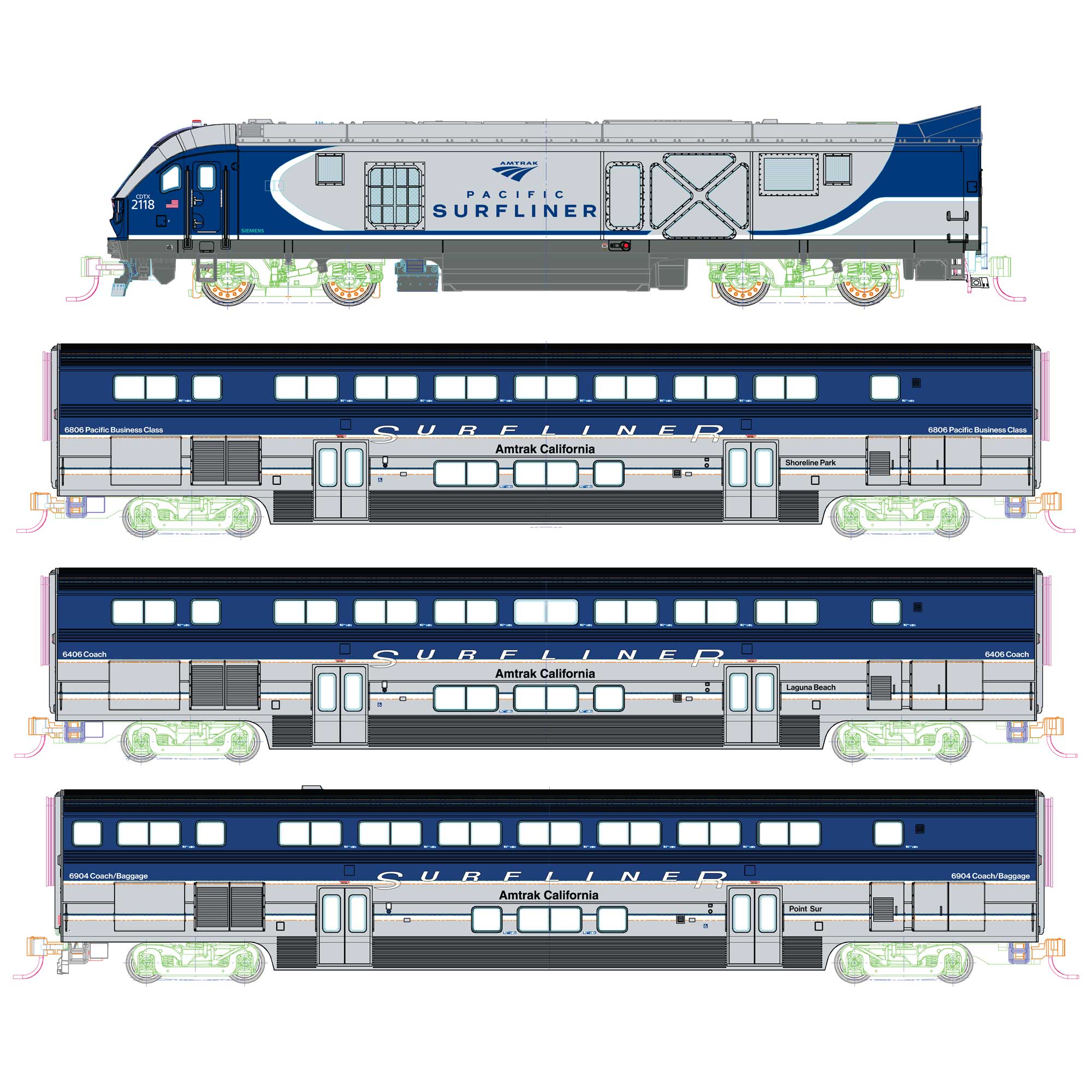 (N) N Amtrak SC-44 & Amtrak Pacific Surfliner 4 Unit Base Set w/Pre-Installed Interior Lighting