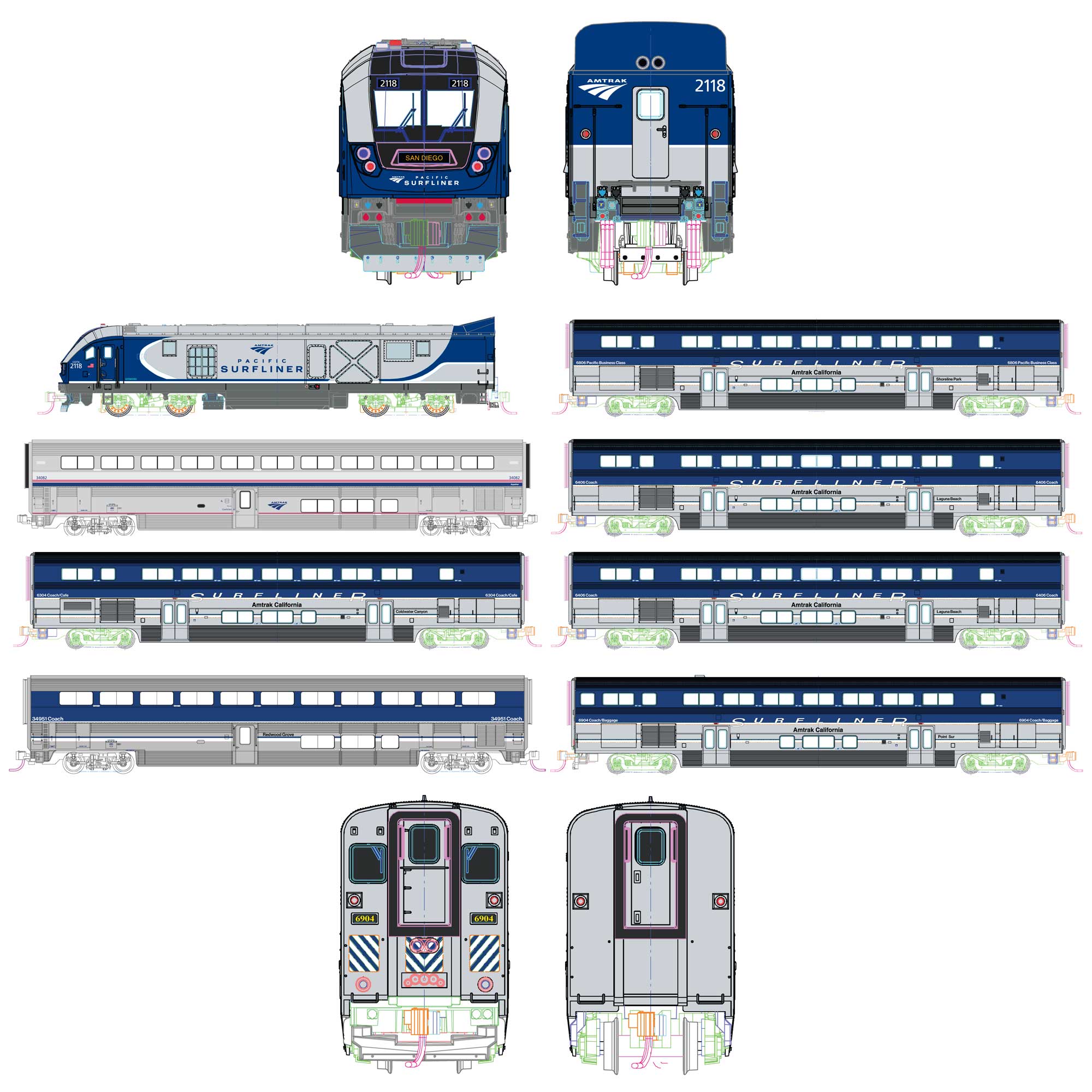 (N) Amtrak SC-44 & Amtrak Pacific Surfliner 8 Unit Set w/Pre-Installed DCC